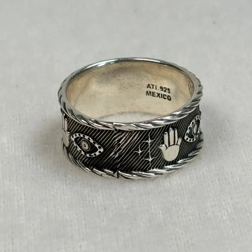 Celestial Hamsa Evil Eye Sterling Silver Ring Vintage ATI 925 Mexico Size 8.75